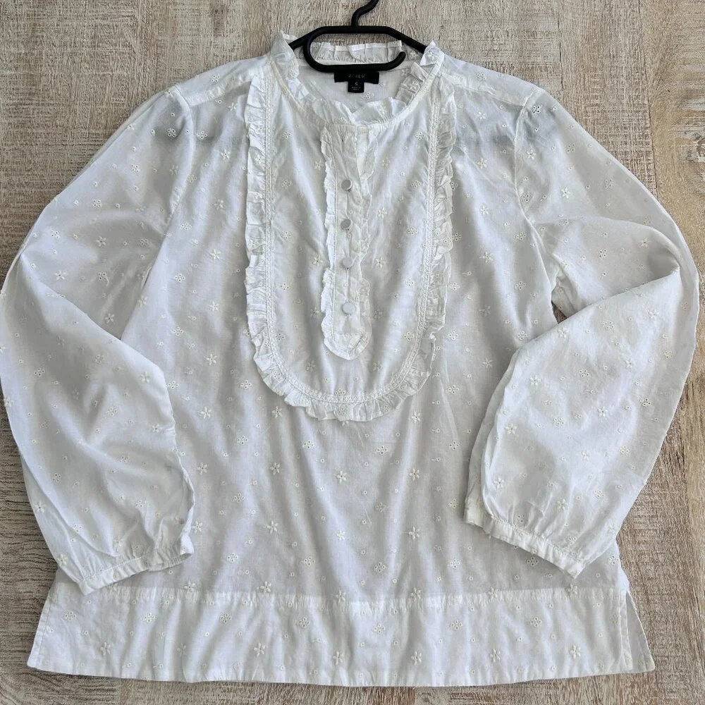 J.Crew Floral Eyelet Ruffled White Bib Front Long Sleeve Top Size Small.